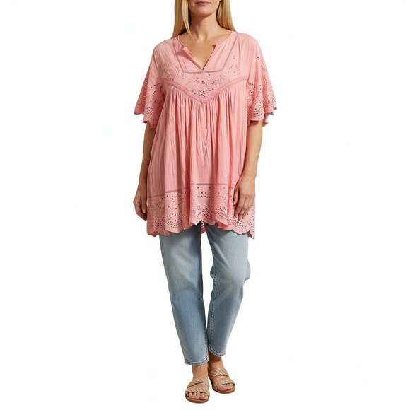 One World Blouse Womens 3X Pink Peach Eyelet Split Neck Flowy - Picture 1 of 8